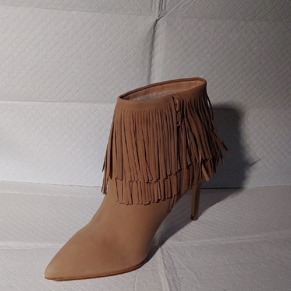 Brian Atwood Tan Heeled Boots with Fringe NWT